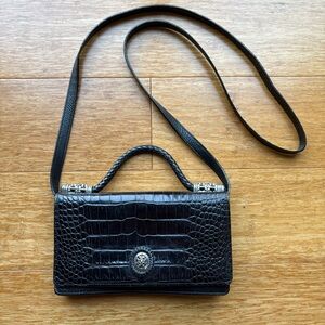 Vintage Brighton Black Croc-Embossed Leather Crossbody Bag